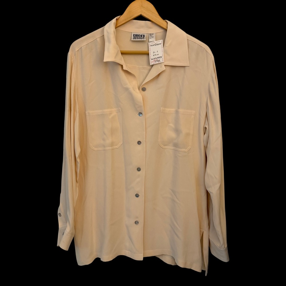 Chico's Design Silk Button Down Shirt Womens 2 Cream NWT Long Sleeve Pockets